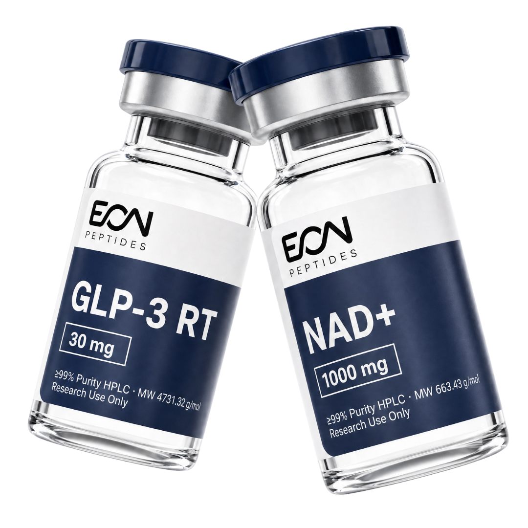 Two Aspect Peptides vials: GLP-3 RT 30 mg and NAD+ 1000 mg, each labelled with purity and molecular weight